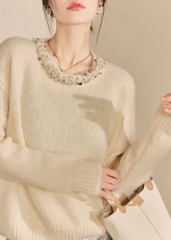 Chic Apricot O Neck Nail Bead Woolen Sweater Tops Fall