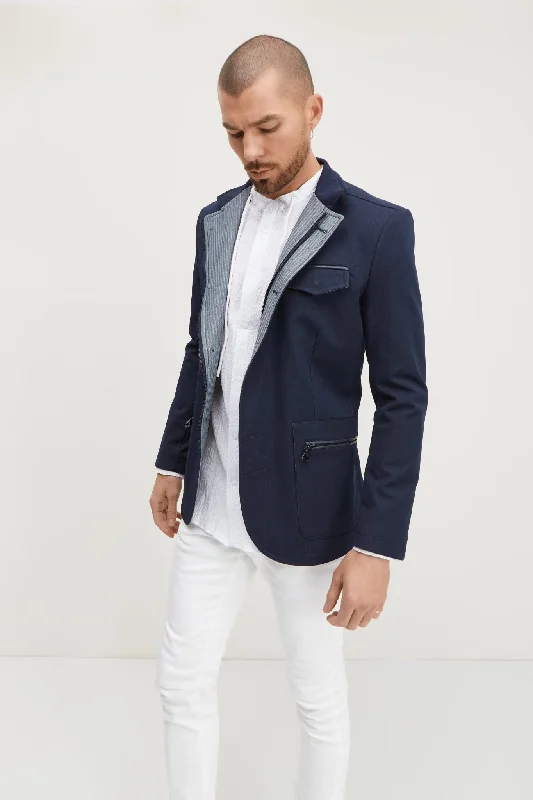 Stand Collar Sport Coat - Navy