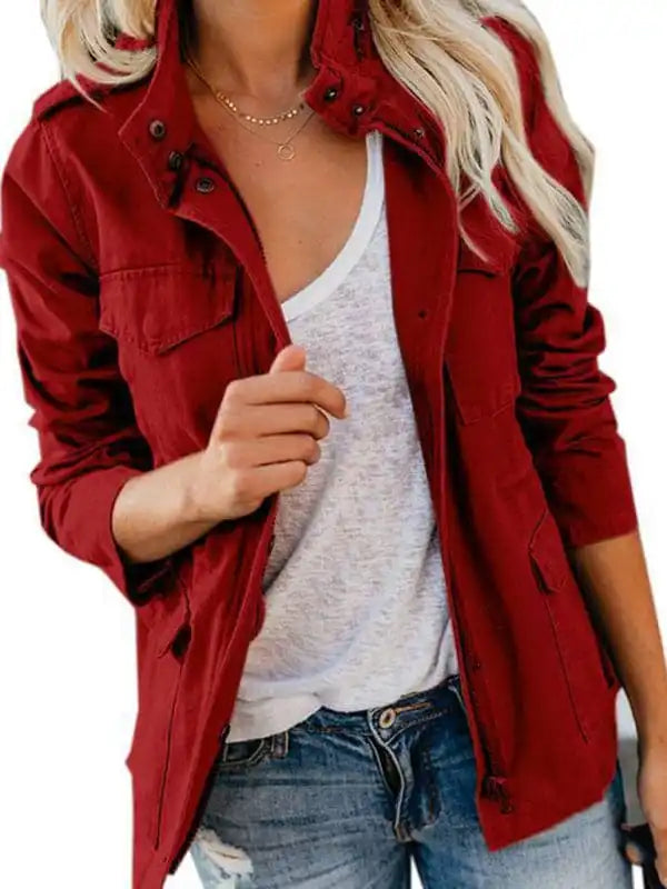 Slim fashion trendy solid color loose zippered multi-pocket jacket women’s coat