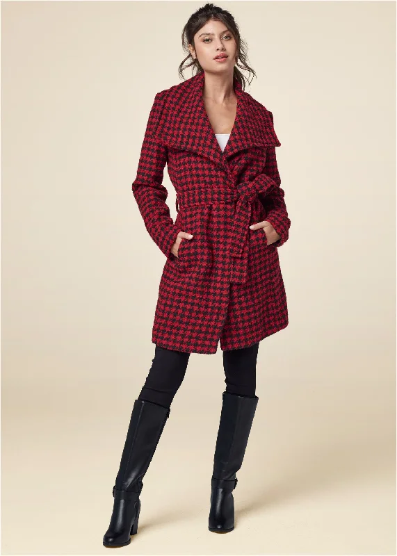 Belted Houndstooth Wrap Coat - Red & Black