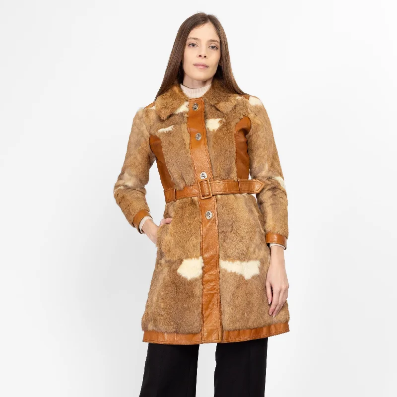 Petite XS 60s 70s Mod Fur & Leather Belted Coat