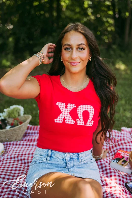 Chi O Red Gingham Letter Baby Tee