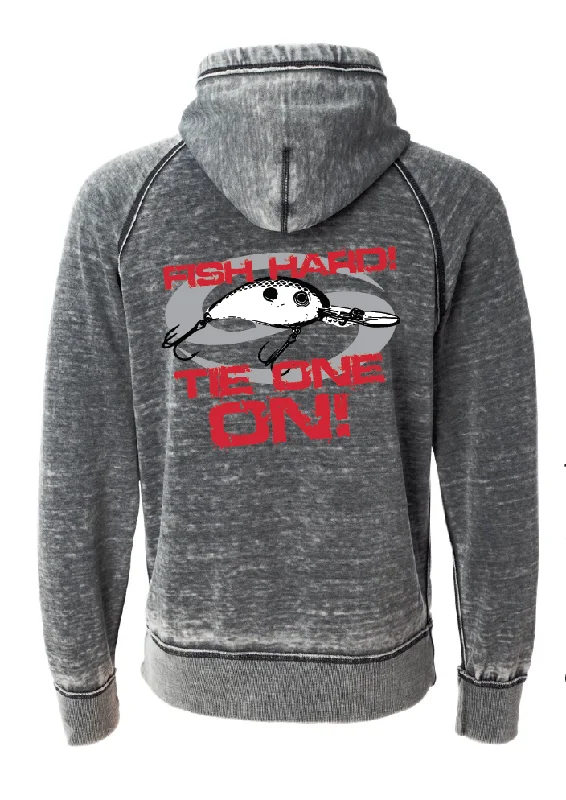 "FISH HARD! TIE ONE ON!" Distressed Hoodie - SK 8915 - Distressed acid washed gray