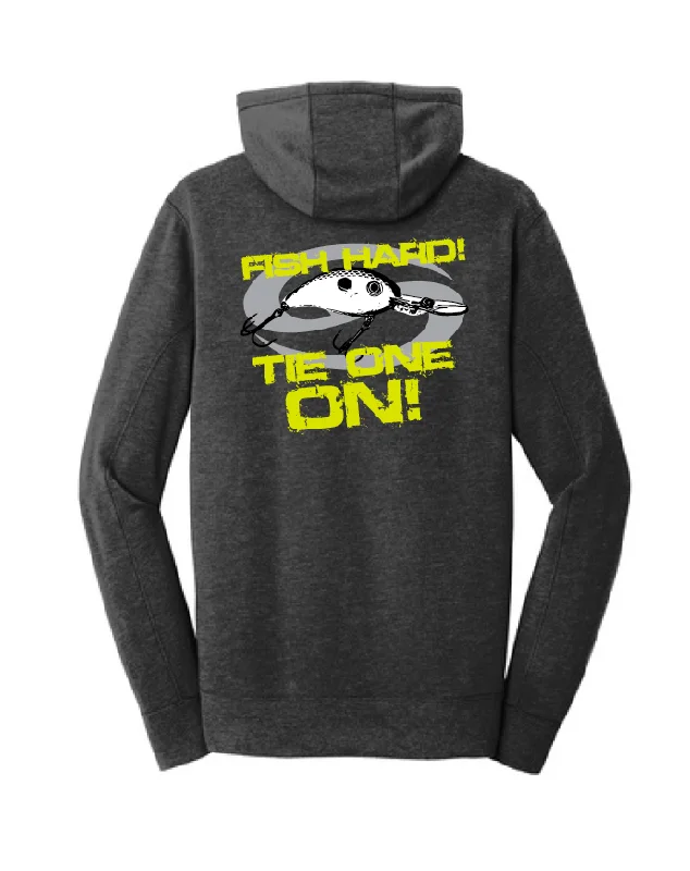 "FISH HARD! TIE ONE ON!" Hoodie - Black Heather - SK-NEA510-BH