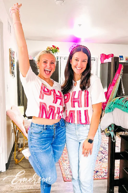 Phi Mu Bright Pink Font Notch Tee